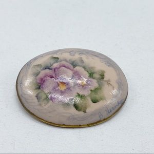 Vintage Purple Flower Ceramic Brooch Pin Gold Edge Handpainted Signed